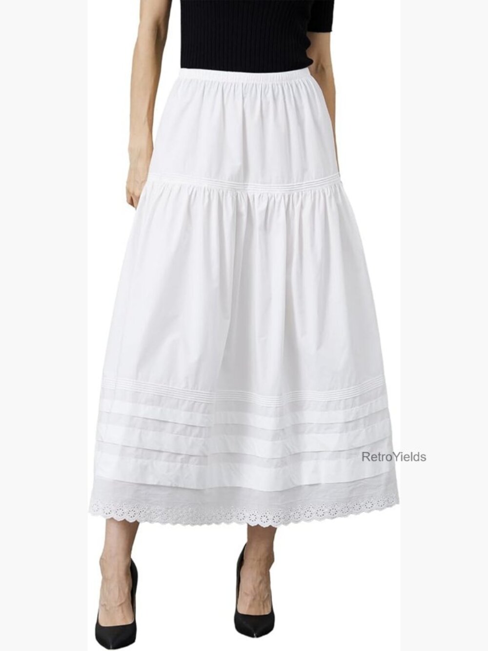 100% Cotton Maxi Skirt Elastic Waist A-Line Flowy Swing Lace Tiered Skirt